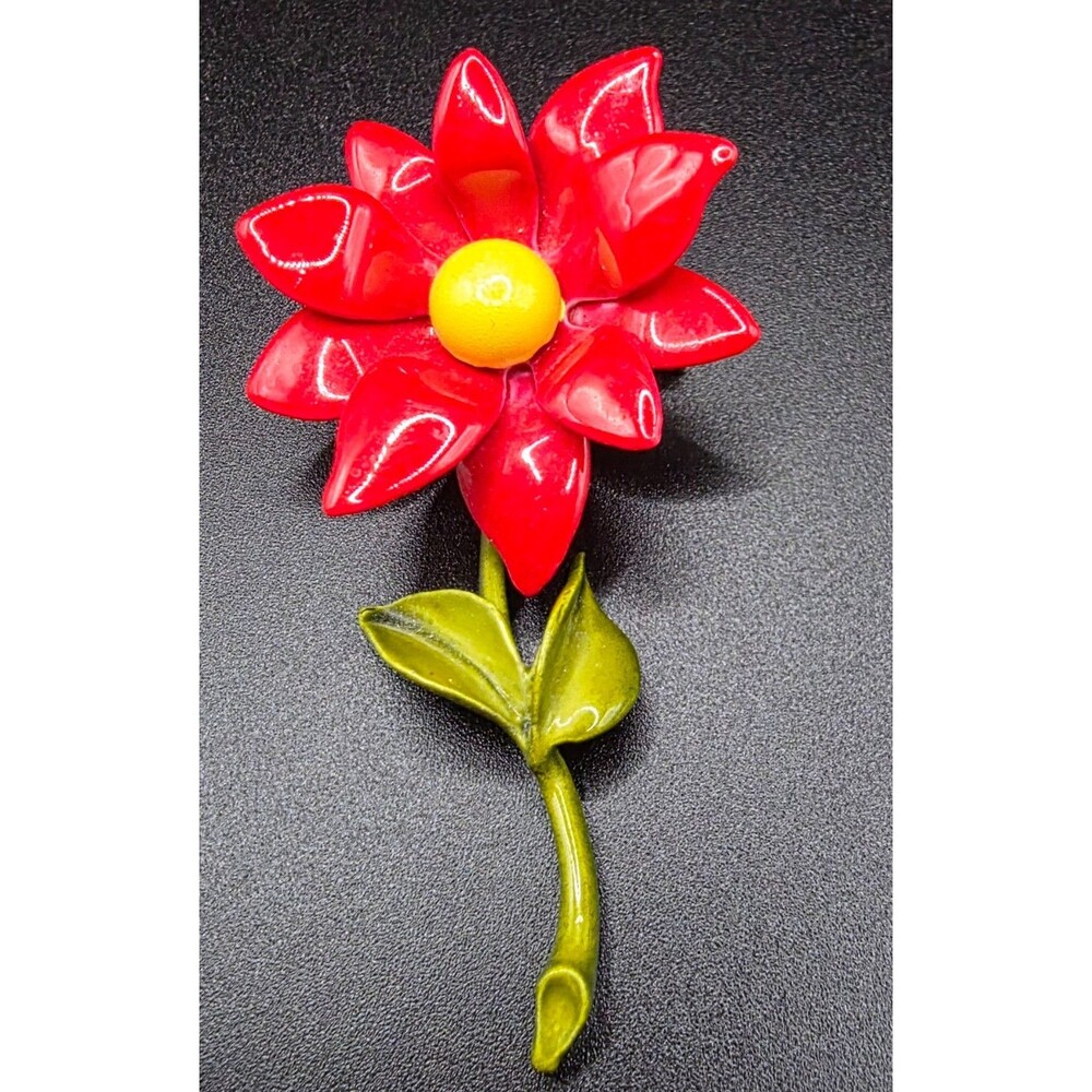 Vintage Red Enamel Flower Brooch Pin Retro Mod Floral Statement Jewelry